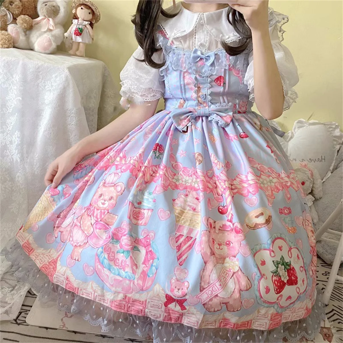 Japanese Sweet Style Kawaii Loli Lolita Jsk Girls Cosplay Cute Printing Bear Strawberries Ice Cream Dot Lace Ruffle Dress
