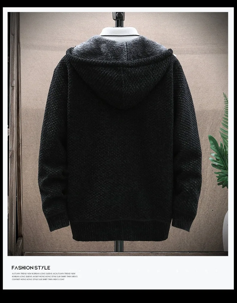 Men's Winter Cardigan Hooded Solid Zip Sweater Jacket Thickened Fleece Warm Casual Sweatercoats Chenille Knitted Sweater Women