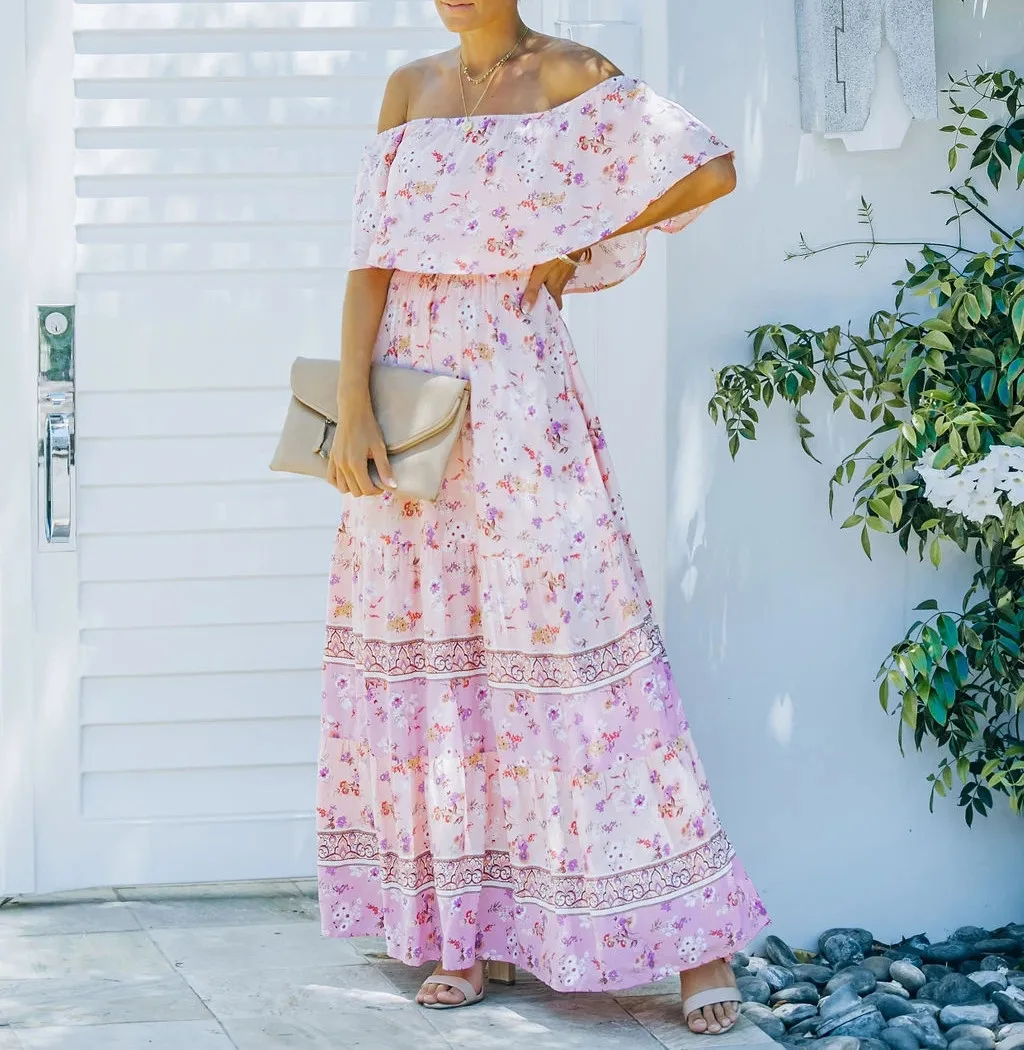 Flower Print Off Shoulder Long Dresses For Women Spring Summer New Fashion Temperament High Waist Leace-up Dress Female Vestidos 29 undefined