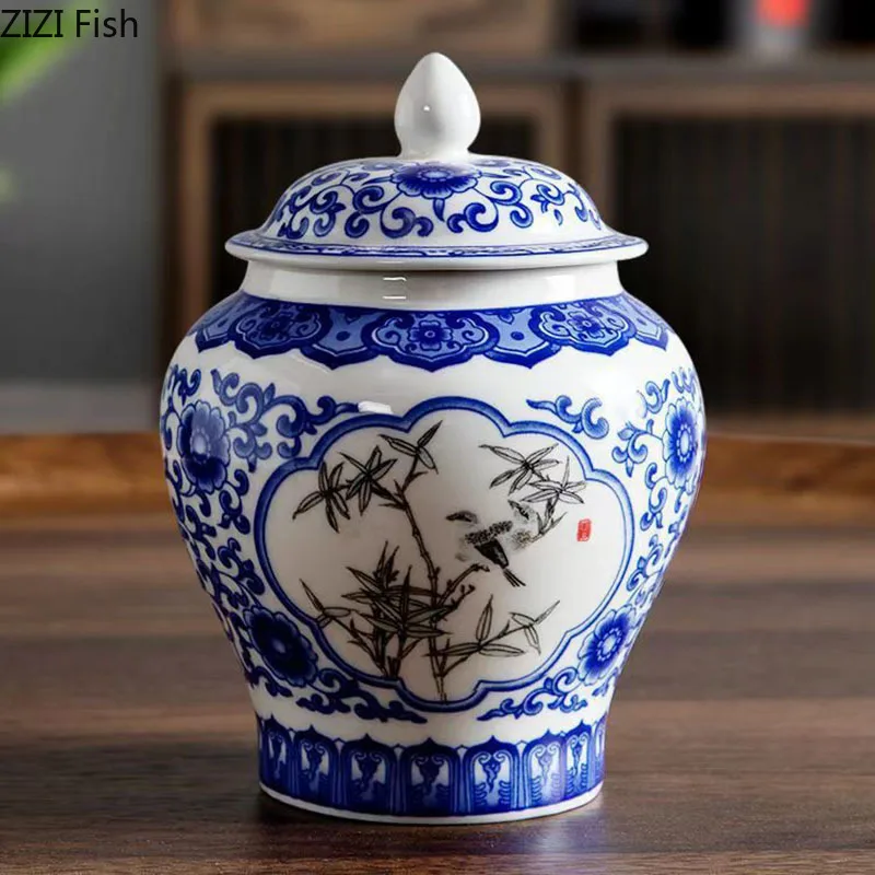 Blue and White Porcelain General Jar Tea Canister Sealed Ceramic Storage Jar with Lid Desk Decoration Candy Pots Tea Caddy tea canister