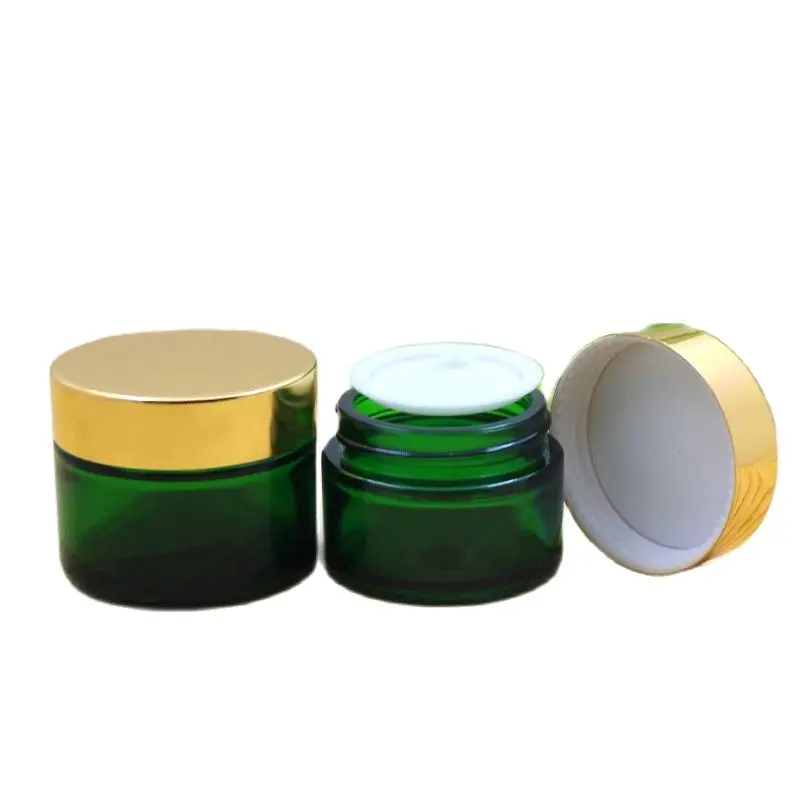 

15pcs Green Cosmetic Cream Jars Empty Facial Mask Pots Shiny Gold Lid Body Lotion Skincare 20g 30g 50g Glass Cream Containers
