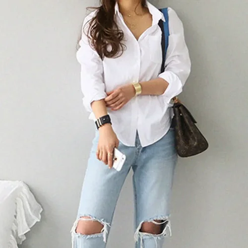 여성용 긴 소매 블라우스, 우아한 단추 캐주얼 코튼 화이트 셔츠, 턴다운 칼라, 루즈 블라우스, 사무실 상의, 3496 4