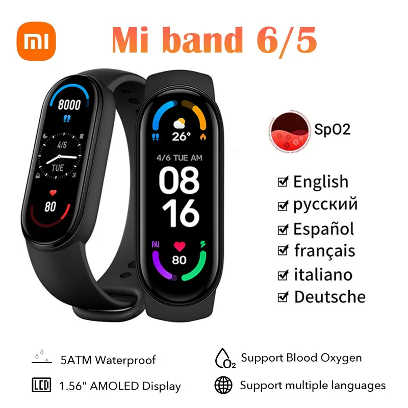 Xiaomi Smartband Mi band 6 5 Fitness Bracelet M6 M5 Smart Waterproof Pulse Oximeter Heartrate Monitor Pedometer | Электроника