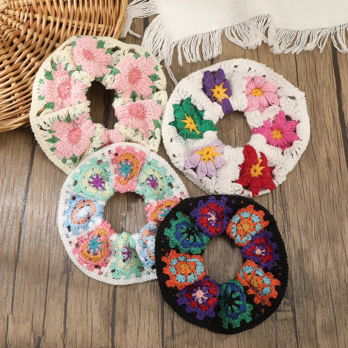 Cuerdas para el cabello de ganchillo tejidas, coleteros para mujer, lazo elástico para el cabello de primavera, gorros Frbic con flores de goma, bandas de goma, accesorios para el cabello