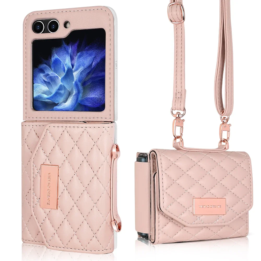 Δερμάτινη θήκη πορτοφολιού Crossbody Cards Solt για Samsung Galaxy Z Flip 6 5 4 3 5G Flip6 Flip5 με λουράκι και τριπλή αναδίπλωση Diamond Bag Cover_voghion.com