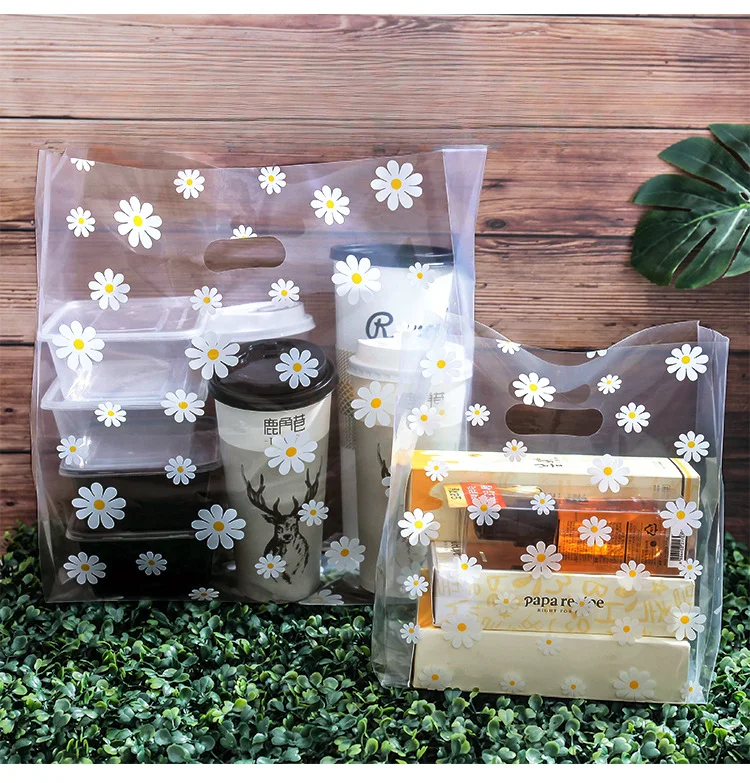 Description Picture 2 of item25-50pcs Little Daisy Plastic Gift Bag Clear Storage Shopping Bag With Christmas Wedding Party Favor Bag Candy Cake Wrapping Bag