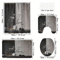4pcs Modern style printing Shower Curtain Set With 12 Hooks, Anti-Slip Bathroom Mat, U-Shaped Toilet Rug, Bathroom Curtain Set 1