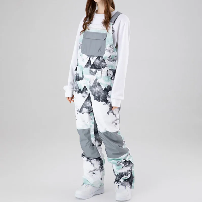 

Winter New Ski Overalls Pants Women Snowboard Clothing Waterproof Warm Breathable One-Piece Tie-dye Patchwork Skiing Trousers
