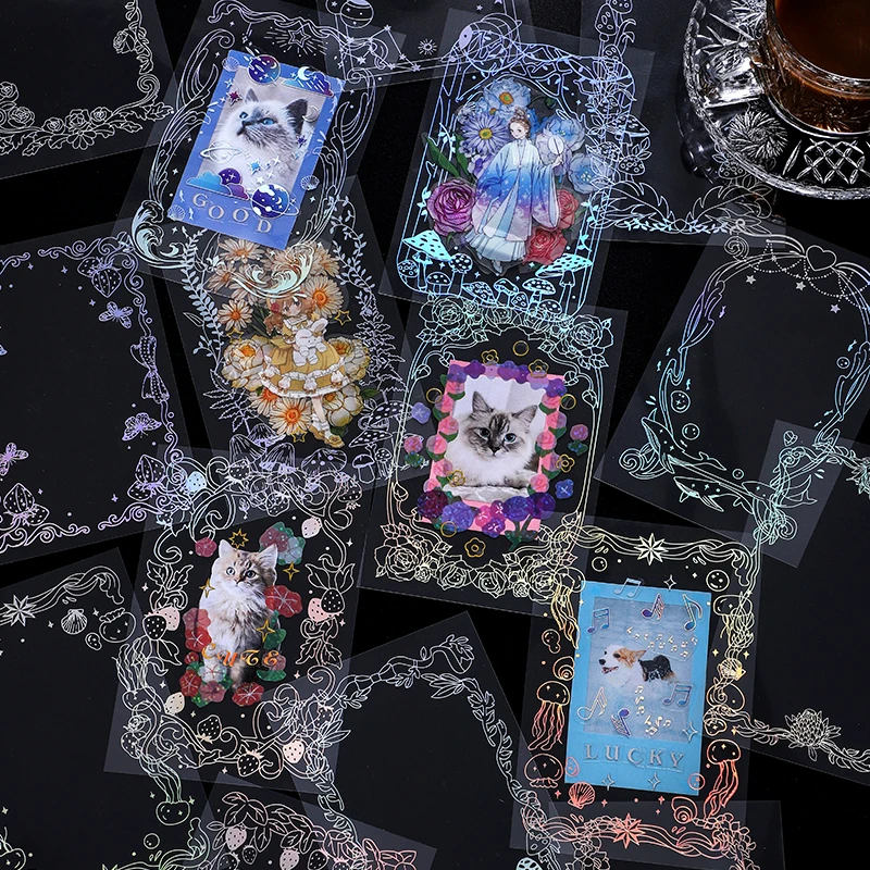 

Dimi 8 Sheets Romantic Laser Series Material Paper Decorative Border PET Stickers Creative DIY Scrapbooking Stationery Planner