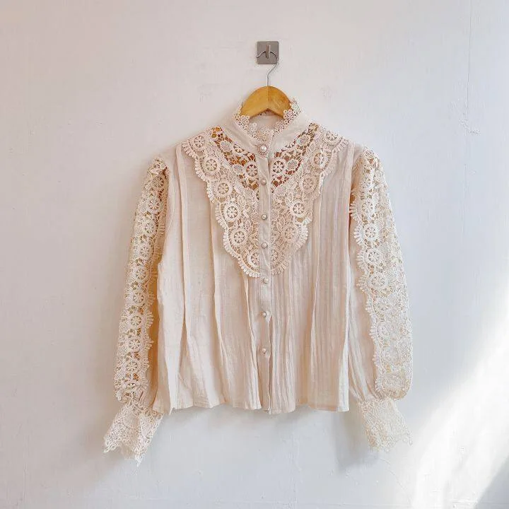 Blusa informal de encaje para Mujer, camisa holgada con botones, color  blanco liso, Estilo Vintage, coreana