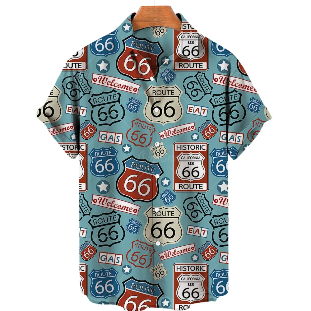 

2024 Hawaiian Men's Shirt Route 66 3D-Printed Summer Loose Breathable Fashion Shirt Men's Vintage Short-Sleeved Shirt Tops