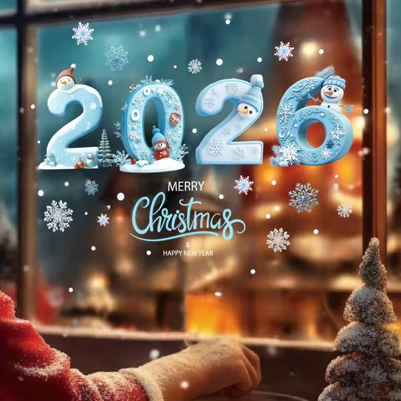 2026 Merry Christmas Window Stickers Cartoon Snowman Snowflakes Glass Decals New Year Home Decoration Electrostatic Sticker Gift