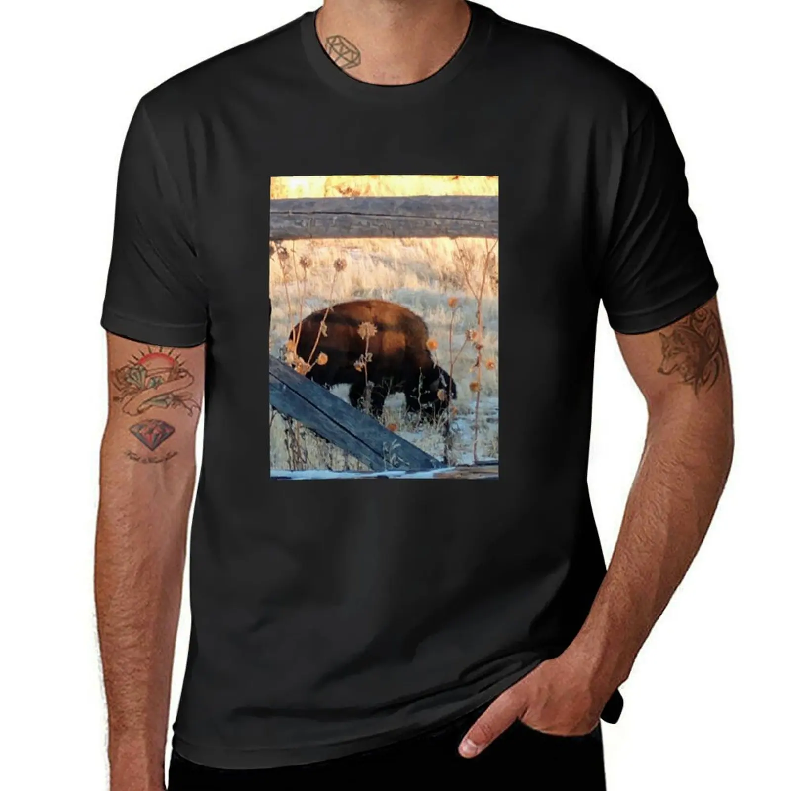 

Bison grazing behind gate T-shirt shirts graphic tees customs designer t shirt men