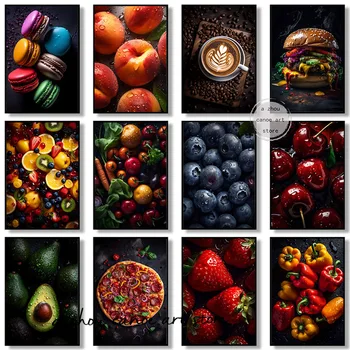 신선한 과일 야채, 블루베리, 복숭아, 레몬, 커피, 라떼 아트 포스터, 캔버스 페인팅, 벽 인쇄, 그림 주방, 홈 데코 상품 이미지
