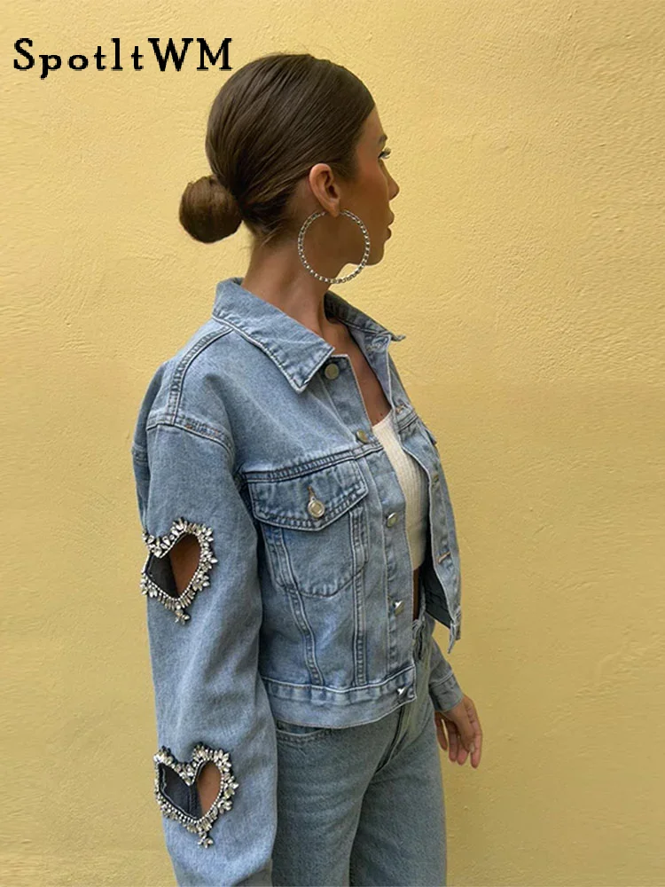 

Fashion Sequin Heart Cut Out Denim Jacket Women Vintage Lapel Long Sleeve Single Breasted Coats 2024 New Female Chic Streetwear