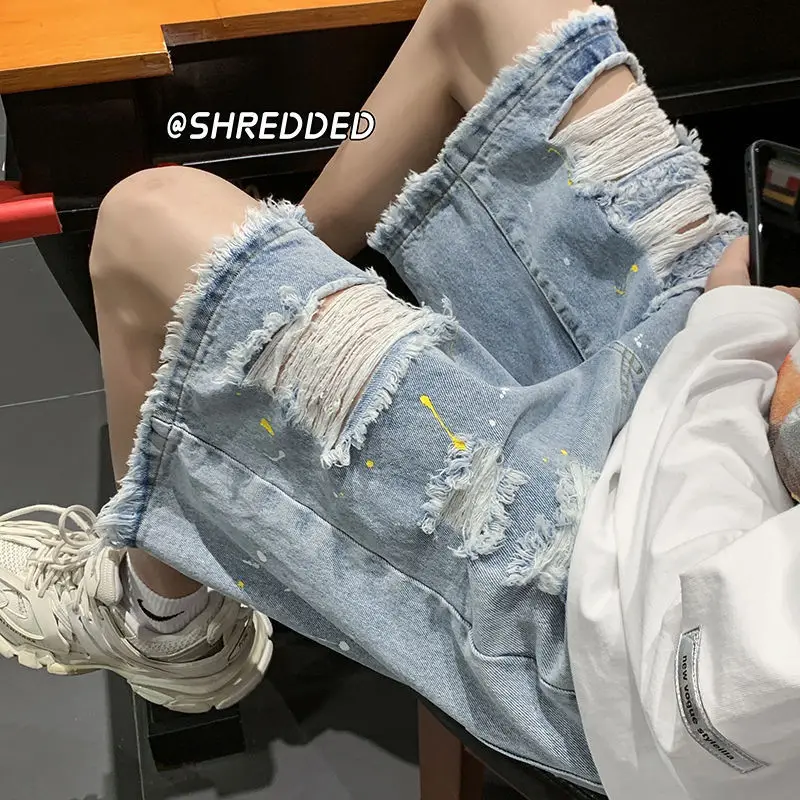 Ripped Denim Shorts Men'S Women Summer Pants Thin Section Korean Style Straight Jeans Trend Loose Five-Point Pants 2023