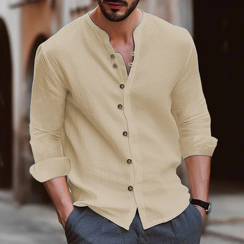 2024 Cotton hemp hot sell men's long sleeve shirt autumn summer solid color stand collar casual beach style shirt