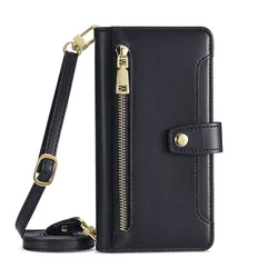 Luxury Leather Crossbody Zipper Flip Case with Multi - Card Storage and Lanyard Wallet Design for Xiaomi Poco F5 (Black)