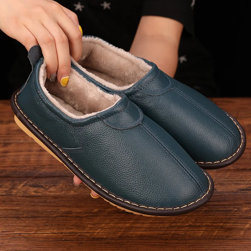 Genuine Leather Couple's Winter Home Slippers Warm Soft Anti-Skip House Casual Shoes Men and Women Indoor Slippers