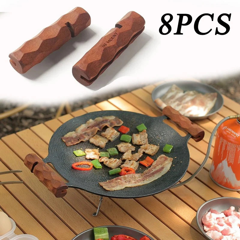 1-8PCS Multi-purpose Grill Pan Handle Wooden Handle Thermal Insulated Outdoor Camping Grill Pan Holder Barbecue Tool