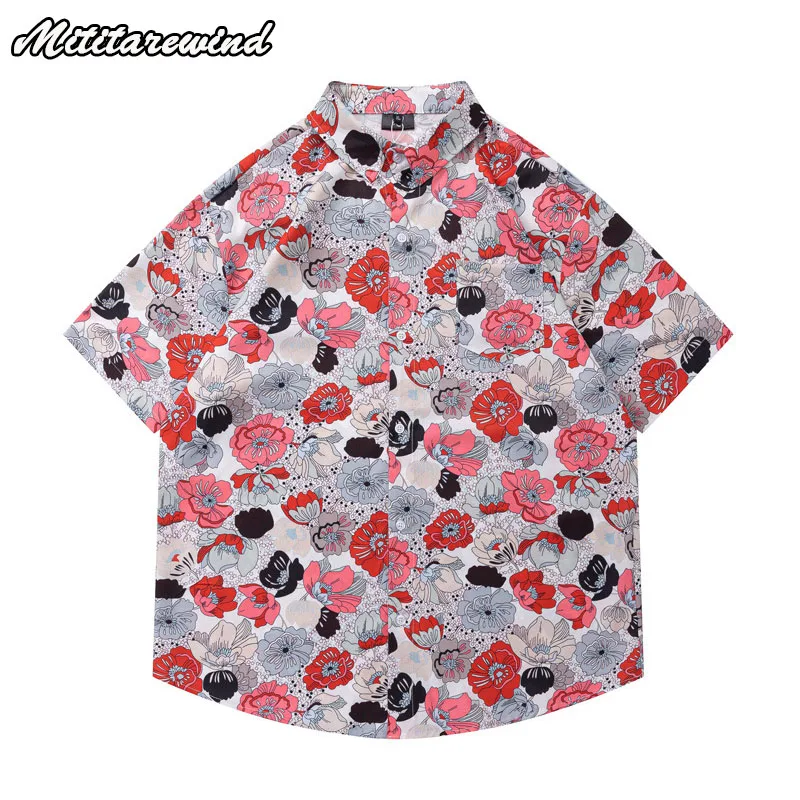 

American Style Vintage Hawaiian Flower Full Print Short Sleeve Shirts Turn Down Collar High Street Unisex Casual Loose Couple