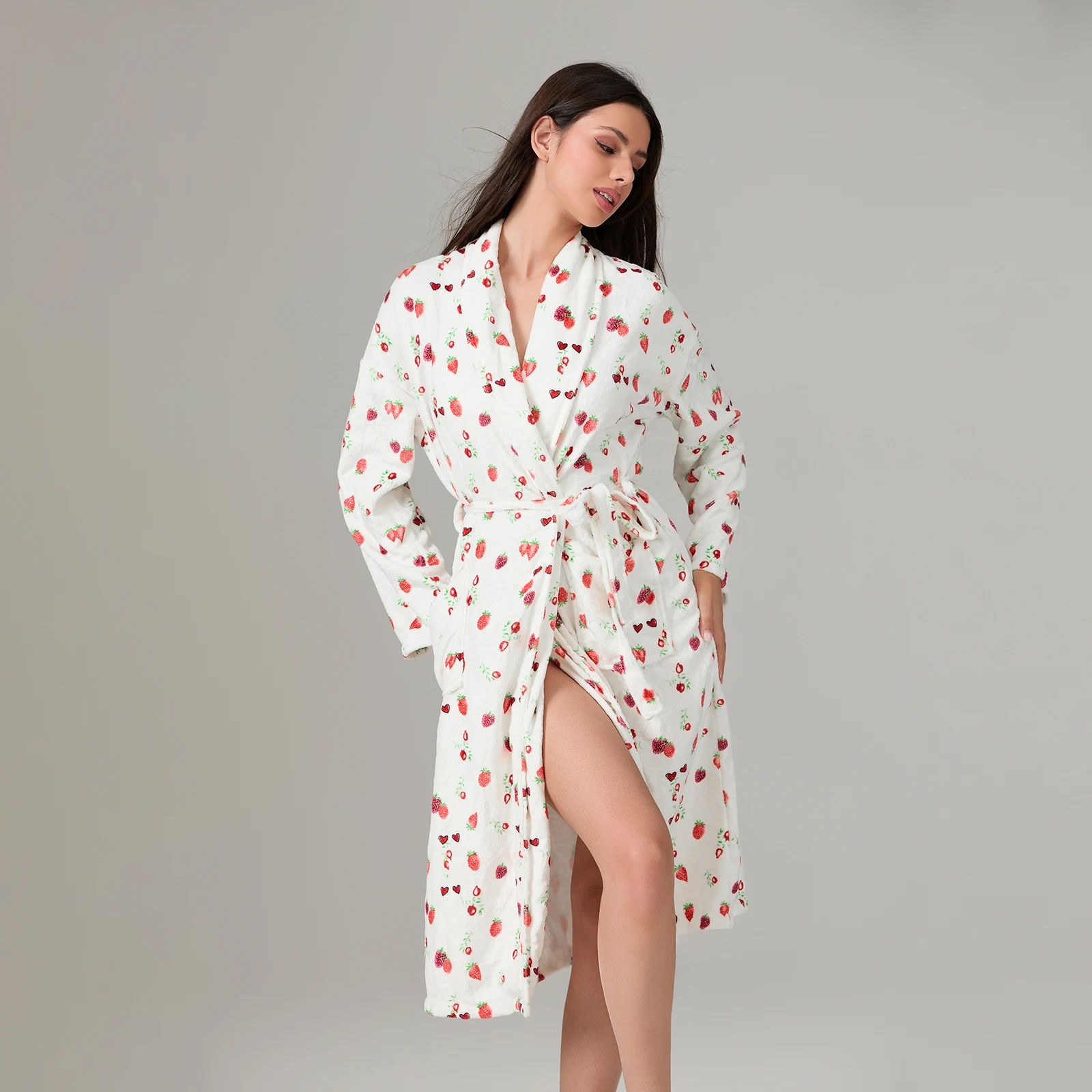 Women Autumn Winter Robe Belted Long Sleeve Strawberry Print Loose Warm Spa Bathrobe