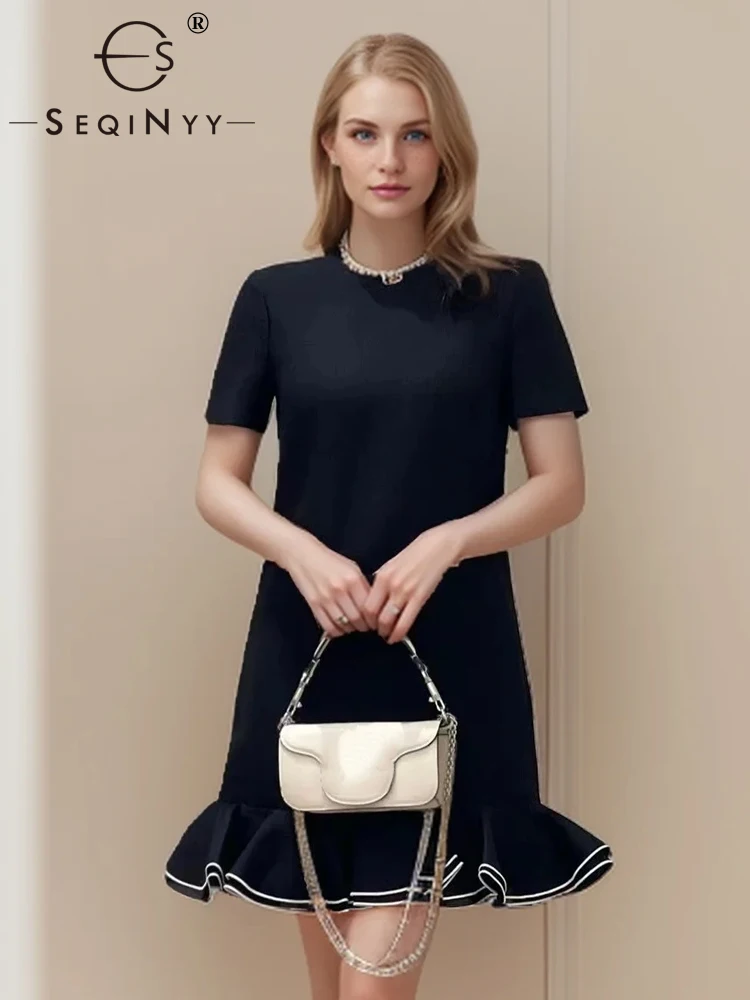 

SEQINYY Elegant Mini Dress Summer Spring New Fashion Design Women Runway Short Sleeve A-Line Ruffles Office Lady High Street