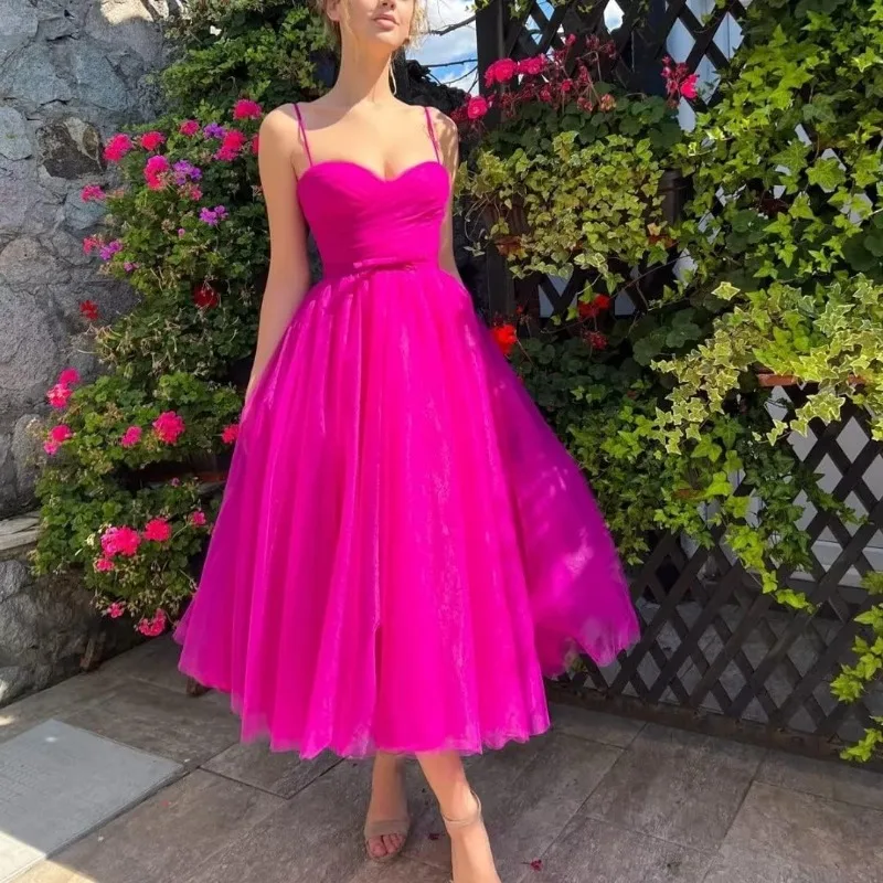 Women Prom Dresses Spaghetti Straps Tulle Homecoming Dresses for Teens Tea Length A-line Prom Dress Evening Party Gowns
