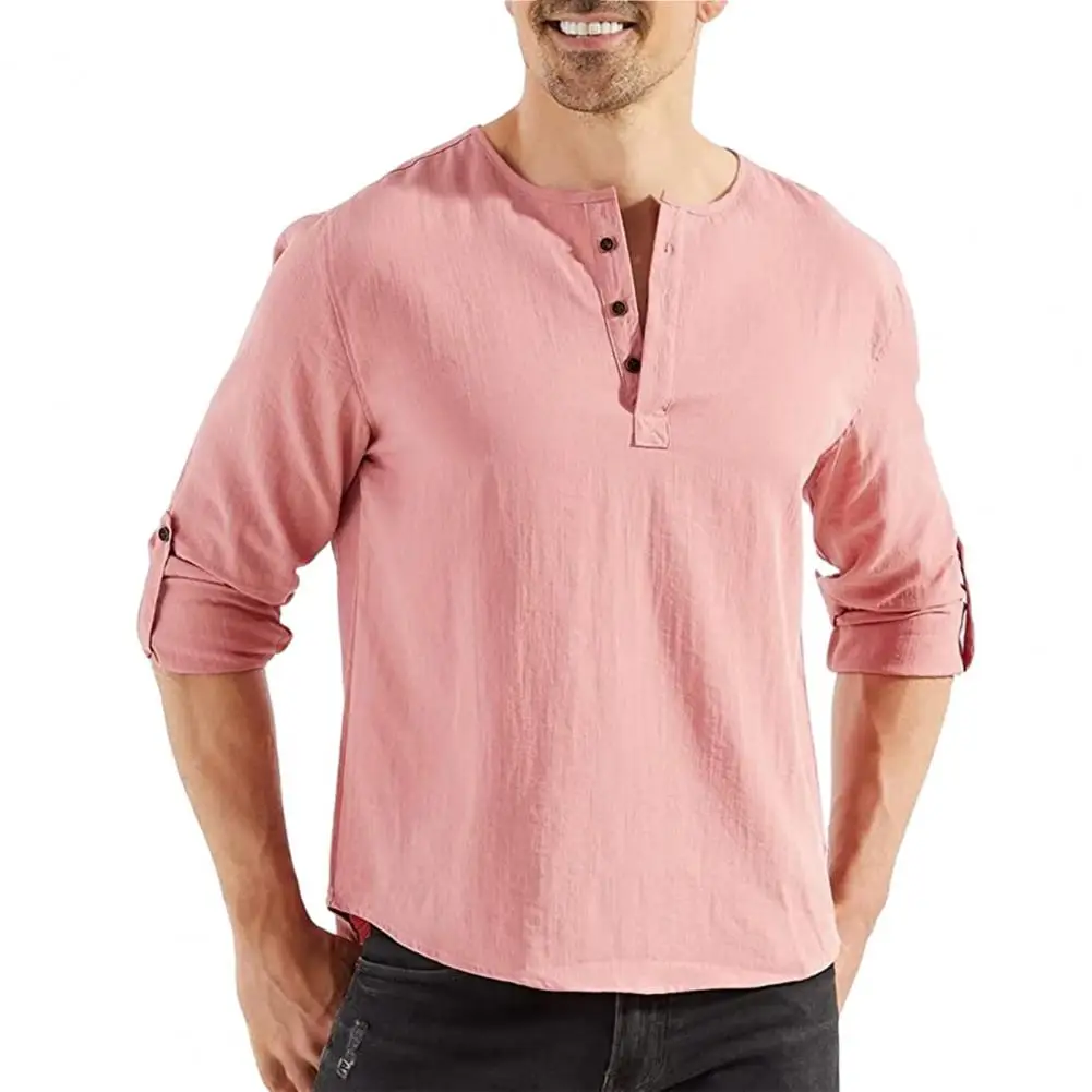 

Men Fall Spring T-shirt O Neck Long Sleeve Loose Pullover Solid Color Thin Soft Cufflink Casual Mid Length Simple Style Men Top