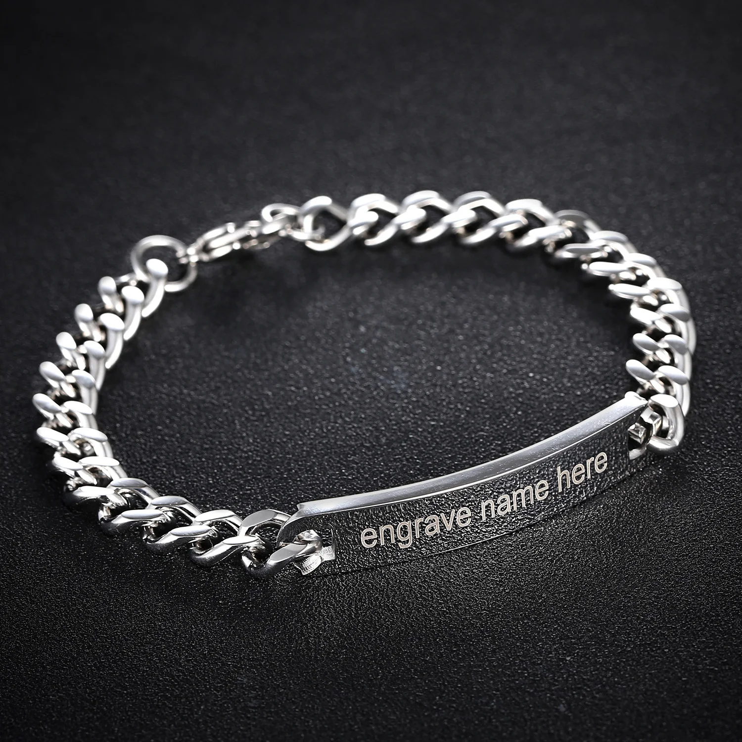 

Punk Engrave Name Custom Bracelets Men Women Silver Color Stainless Steel Cuban Chain Bracelet Personalized Couple Jewelry Gift