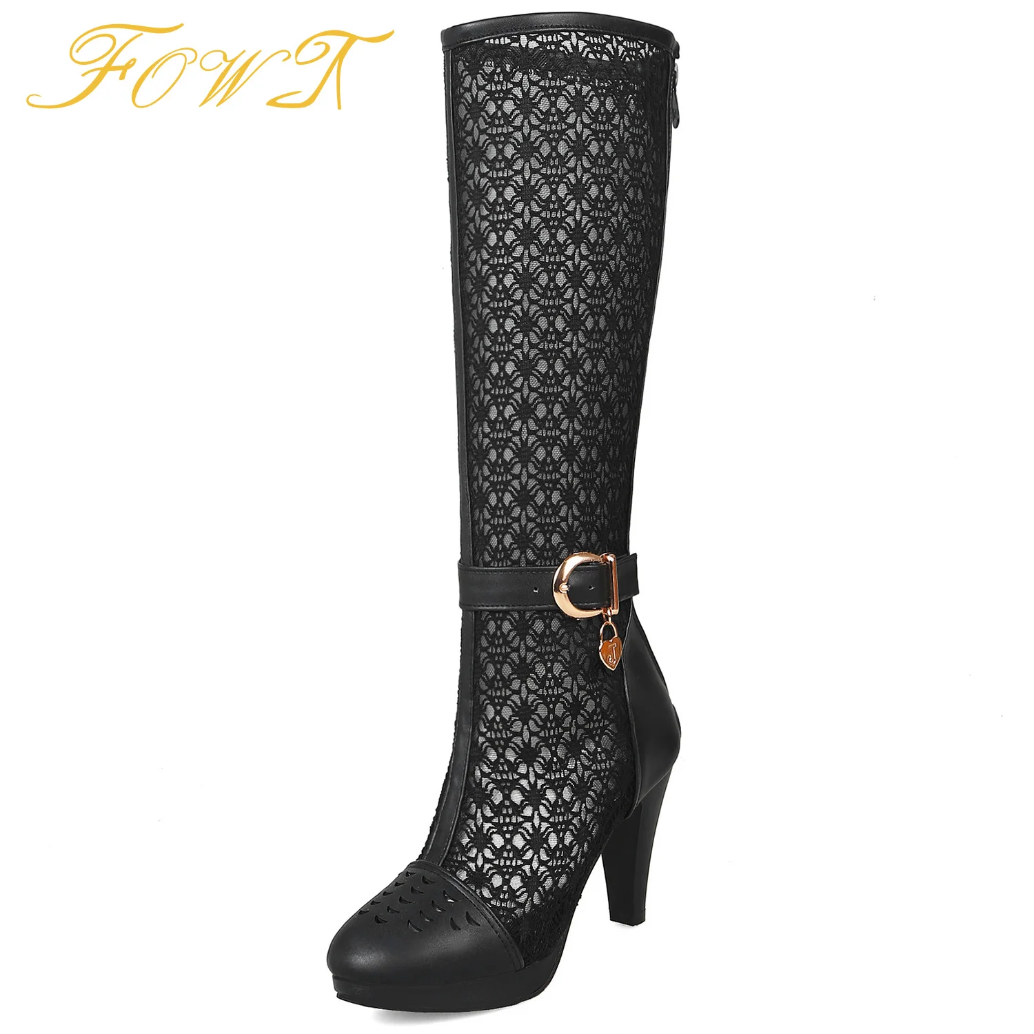 

Openwork Boots Buckle Round Toe Platform Platform Block Heel Lace Boots Mesh Toe Toe Large Size 45 45