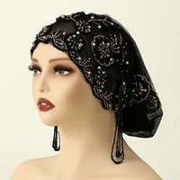 New Women Lace Beaded Turban Muslim Headscarf Breathable Hat Bonnet Mesh Beanies Wedding Party Headwear Hijab Cap Turbante Mujer