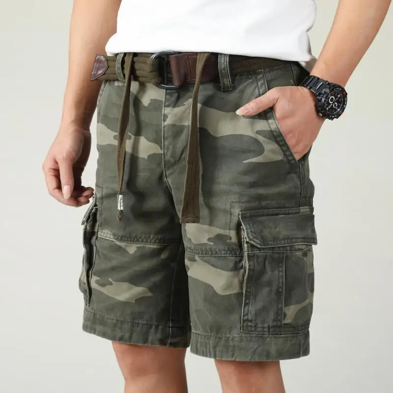 

Camouflage Cotton Shorts with Belt for Men Heavyweight American Workwear Casual Half Pants Male Vintage Multi Pocket 2024 Summer