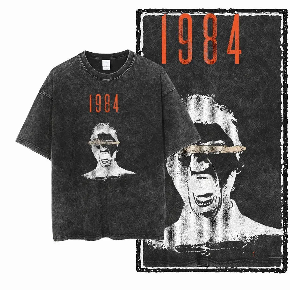 G02 익스클루시브 100% 코튼 빅 사이즈 1984 그래픽 남성 티셔츠 | 애시드 워싱 스트리트웨어 쿨 빈티지 O넥 남성 티셔츠