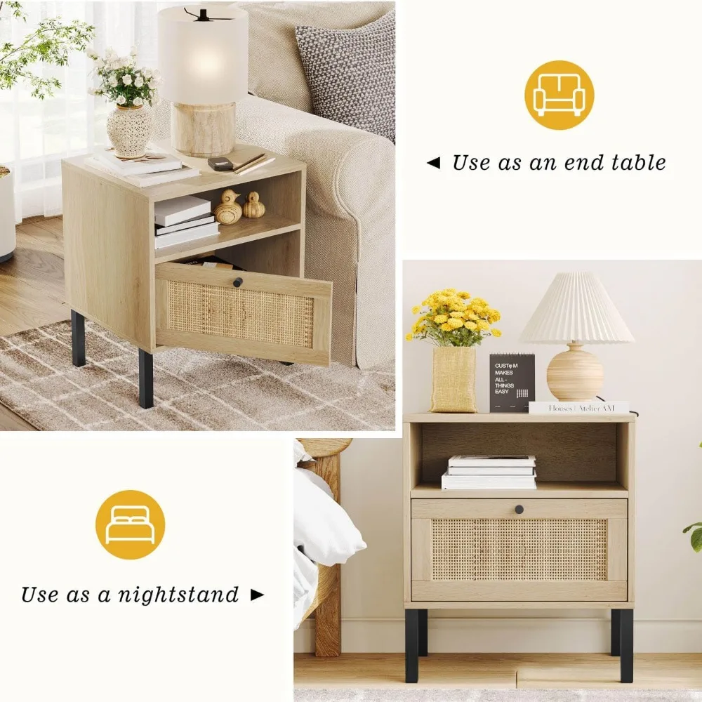 Natural Rattan Nightstand Set of 2, End Table,Boho Bedside Table with 1 Hand Made Decorated Door for Living Room, Bedroom 5