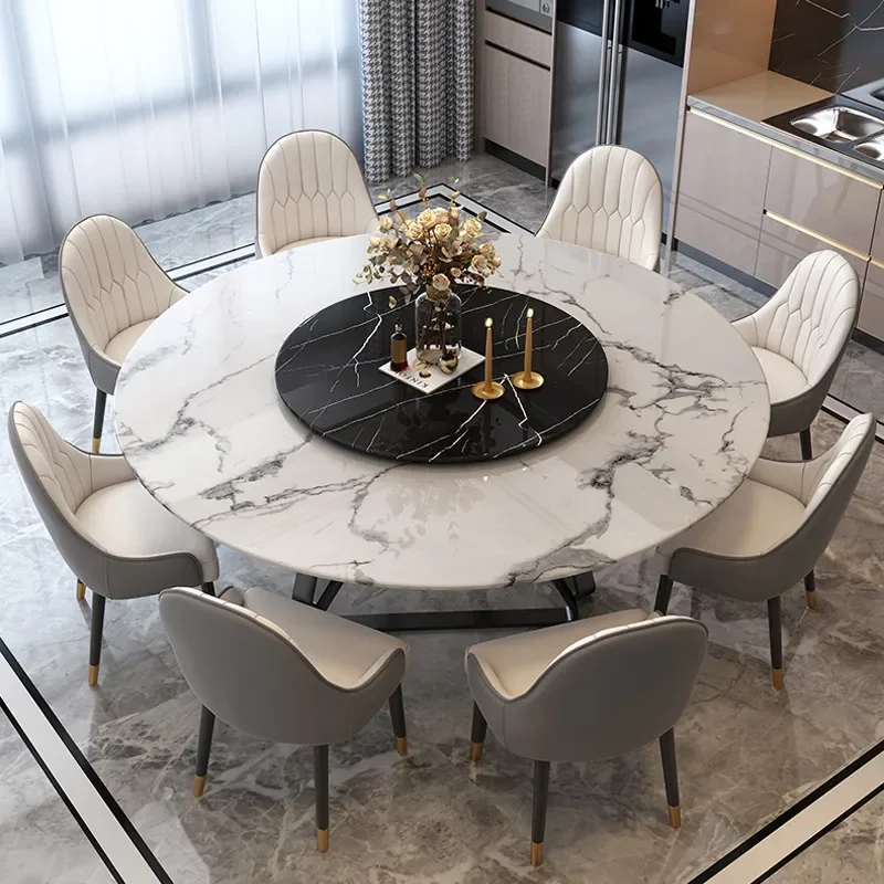 طاولة طعام رخامية دائرية بسيطة على الطراز الاسكندنافي مع قرص دوار، بتصميم إيطالي فاخر خفيف للاستخدام المنزلي والفندقي والمطاعم