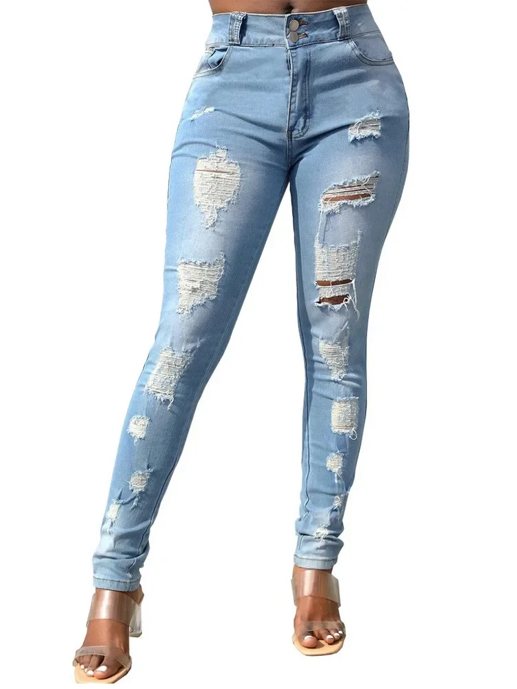 

Y2K Fashion Distressed Pencil Jeans Casual Lounge Clothes For Women Button Fly Stretchy Bodycon Denim Pants Versatile Daily Wear