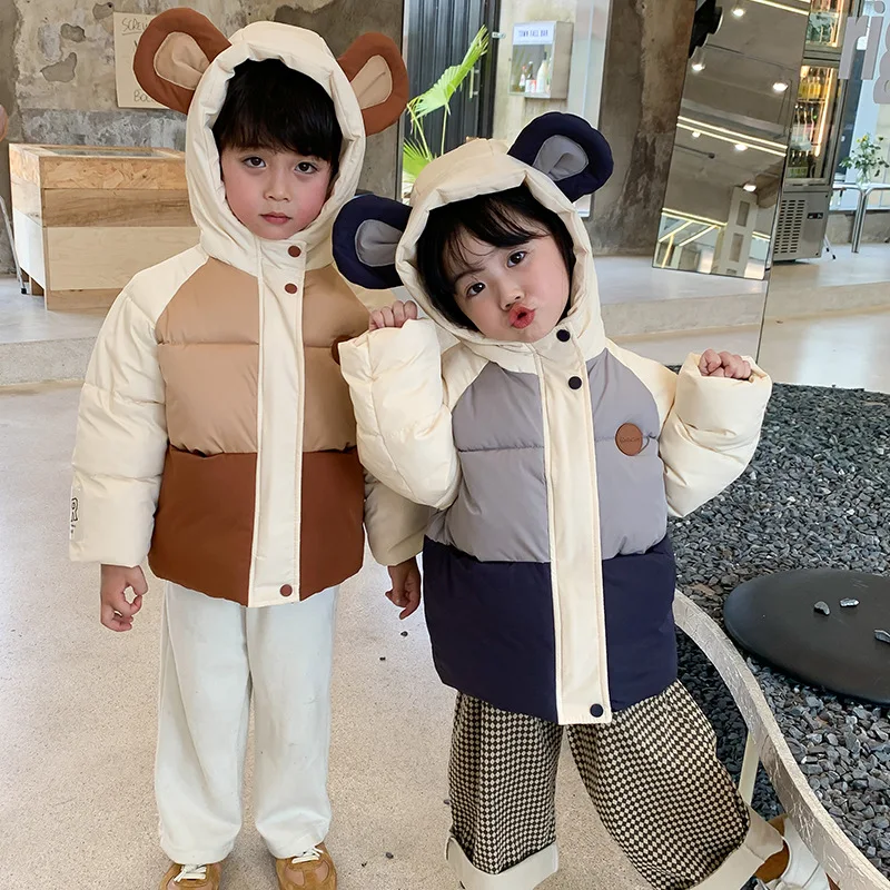 

Winter Down Jackets For Boys Girls New Fashion Thick Splicing Children Outerwear Clothing Big Ear Hooded Kids Cotton-Padded Coat