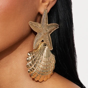 2025 Exaggerated Starfish Shell Earrings Women Beach Accessories Boho Vintage Metal Ocean Dangle Earrings Party Trend Jewelry