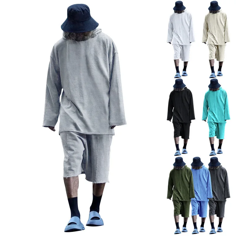 

2023 new fashion loose casual suit solid color summer hooded long sleeve shorts two-piece