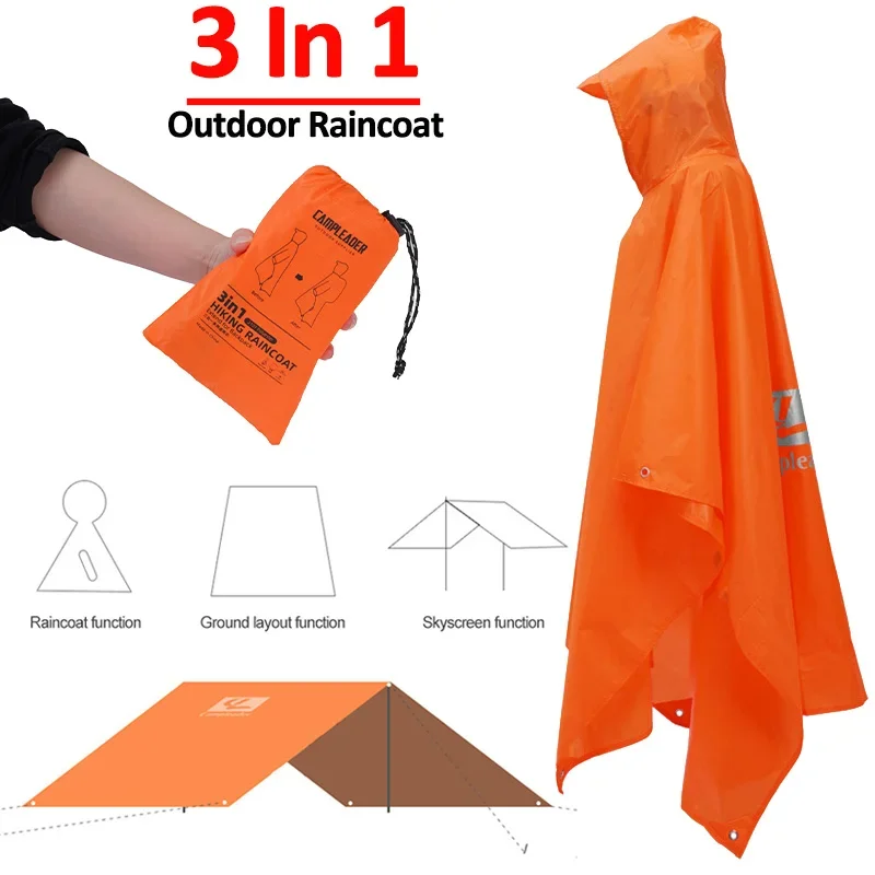 3 In 1 Hiking Raincoat Outdoor Lightweight Hooded Long Waterproof Rain Poncho Used For Rain Jacket ,Mat ,And Canopy