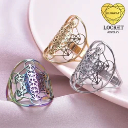 1/3Pcs Stainless Steel Big Wicca Geometric Metatron Open Rings Vintage Sacred Flower Astrology Aesthetic Women Anillos Jewelry
