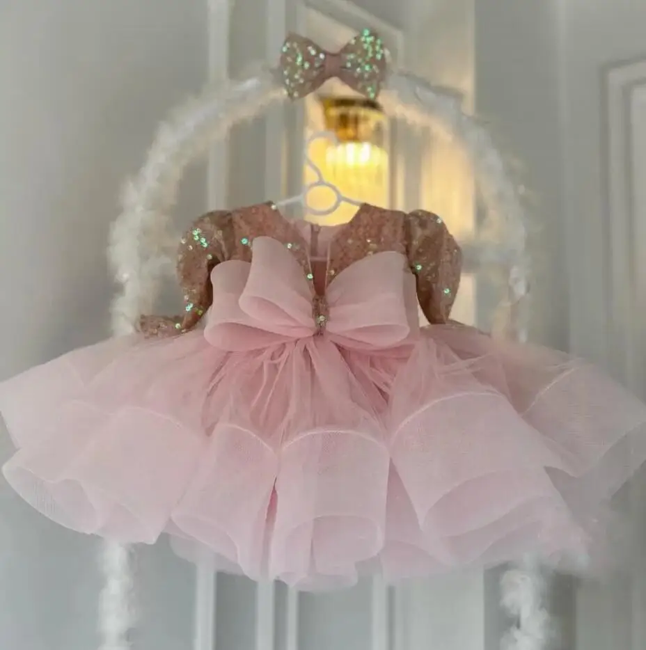 

Pink Fluffy Baby Girl Dress with Long Sleeves Princess Dress Organza Sequin Child Party Birthday Gown with Head Bow