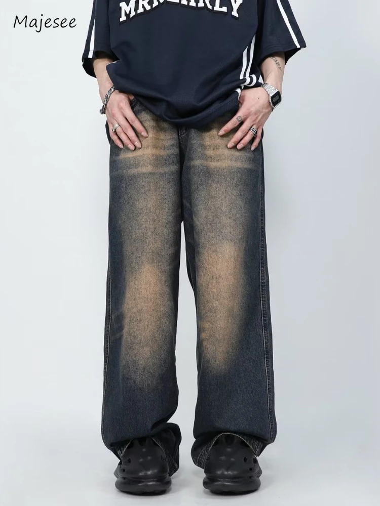 

Wide Leg Jeans Men Loose Washed Vintage Bleached Japanese Style Harajuku Streetwear Mid Waist Slouchy Full Length Hip Hop Autumn