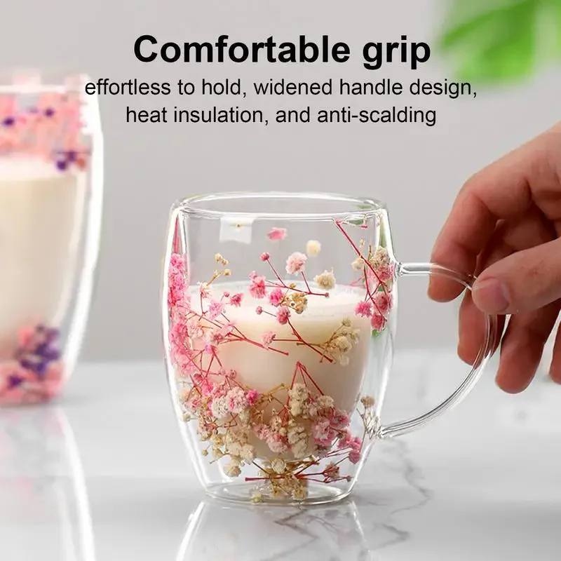 350ml Dried Flower Cup Double Insulated Wall Glass Full Star Milk Coffee Mug with Handle Hot and Cold Tea Cups Beverages Cups