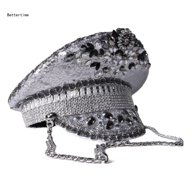 

B36D Gleaming Hat Captain Hat Crystal Hat for Music Festivals