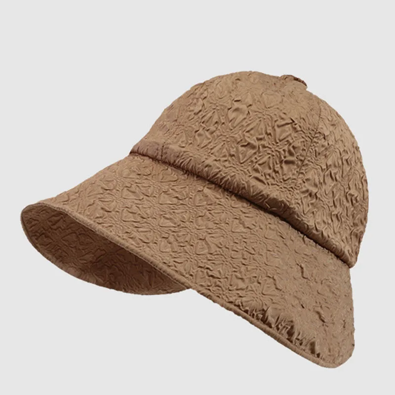 

New style pleated seersucker bucket hat for women spring and summer rear open casual cap sunscreen fisherman's cap beach-hat