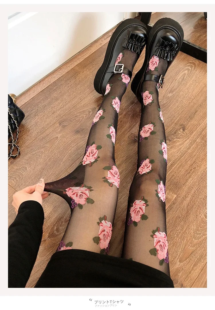 Women Stockings Handmade Embroidery Pink Flower Sexy Style Fishnet Mesh Stockings Elegant Senior Floral Tights Stockings