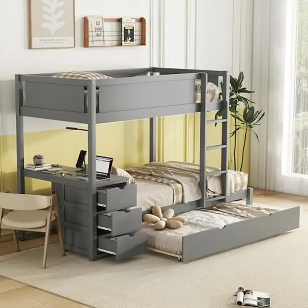 Twin Over Twin Bunk Beds with Desk Storage Drawers Trundle Charging Station  Kids Teens Girls Gray Wood Frame 65.4\, image size:1000x1000