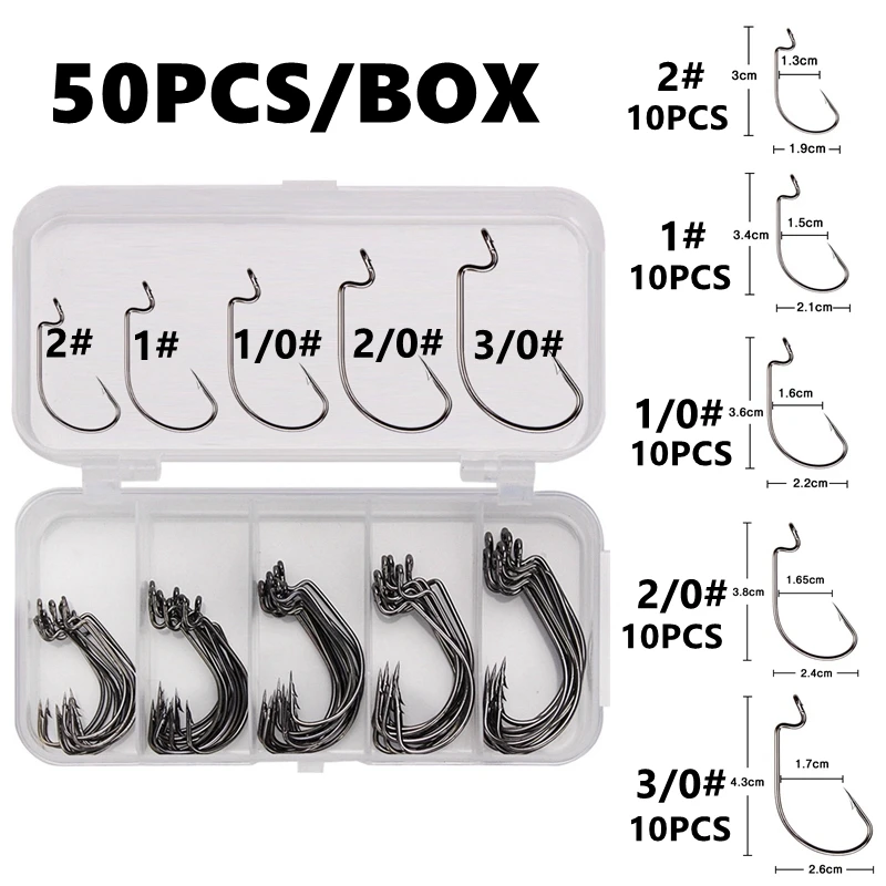 50Pcs Box Fishing Hooks Set Jig Crank Barbed Hook High Carbon